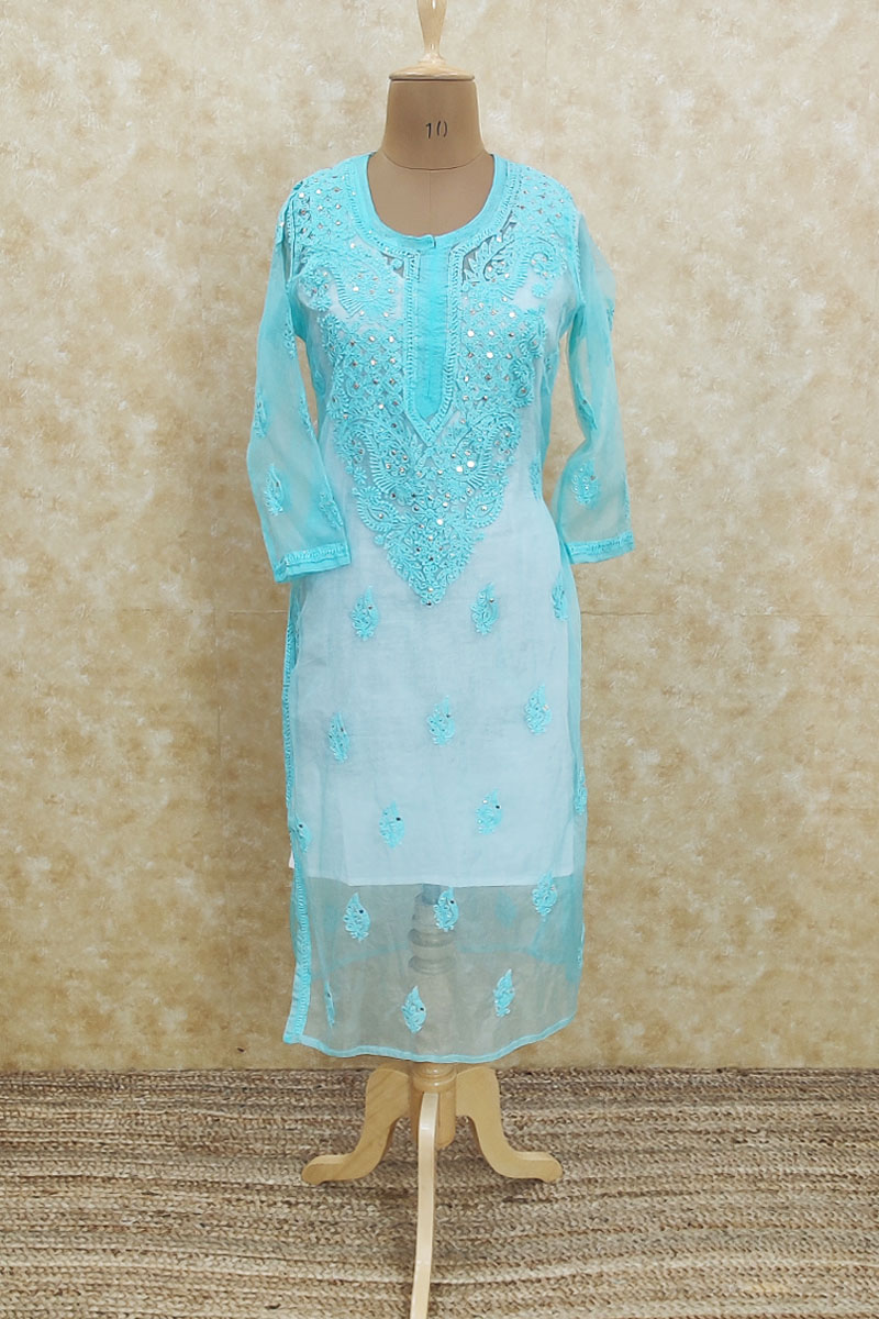 Sea Green Colour With Mukaish Work Hand Embroidered  Lucknowi Chikankari Organza Kurti- Mc251889